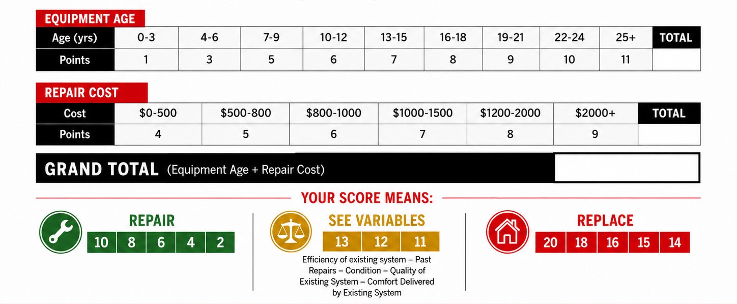 Infographic with a table of Equipment Age and Repair Cost points, then a Grand Total bar, followed by three score sections: Repair (10,8,6,4,2), See Variables (13,12,11), Replace (20,18,16,15,14).